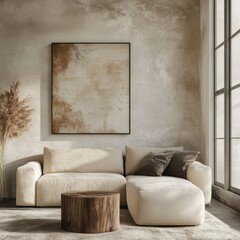 Modern minimalist living room with abstract artwork and furniture