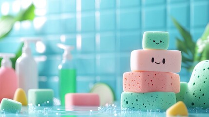 Stacked pastel bath sponges with happy faces, surrounded by bath products and bubbles in a bright blue tiled bathroom.