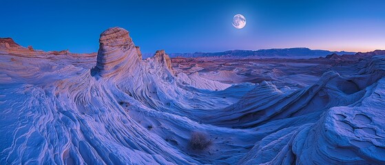 Moonlit sandstone monolith with sharp shadows, contrasting cool moonlight with desert warmth.