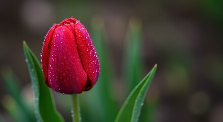 Dew-Kissed Red Tulip Macro