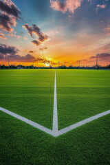 Obraz premium Close-up of green football field under bright stadium lights, perfect for soccer match backgrounds, sports textures, and athletic event promotions.