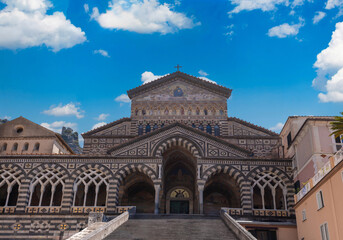 Italy, Amalfi town colorful architecture in historic city center with churches and old buildings