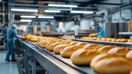 Industrial bakery production line with freshly baked golden loaves