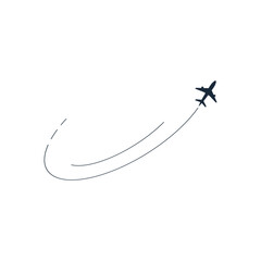 Silhouette of an airplane on a white background. Simple vector illustration. Soaring airplane curved line path. Aircraft for logo or symbol