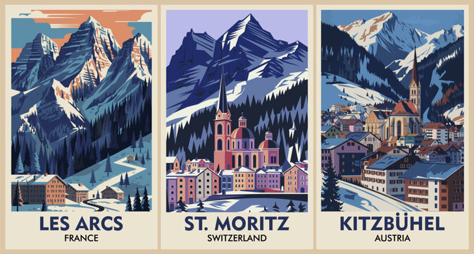 Set of Ski Travel Posters in retro style. Les Arcs, France, St.Moritz, Switzerland, Kitzbuhel, Austria digital prints. Winter holidays, active lifestyle. Vintage vector colorful illustrations. 