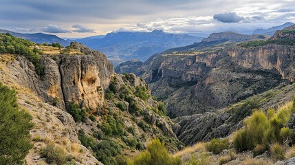 Obraz premium Mountainous landscape, valley view, dramatic clouds, travel, nature photography