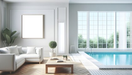Fototapeta premium minimalist living room bathed in natural light from a large window. Frame mockup, Living room wall poster mockup. Interior mockup with house background. Modern interior design. 