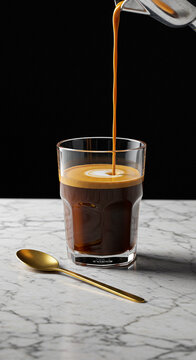 4k photography, studio lighting, high quality, espresso shoot on cramic glass, at white granit table, gold little spoon and dark background