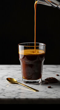 4k photography, studio lighting, high quality, espresso shoot on cramic glass, at white granit table, gold little spoon and dark background