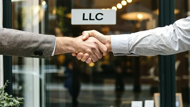 A professional handshake in front of a new storefront LLC