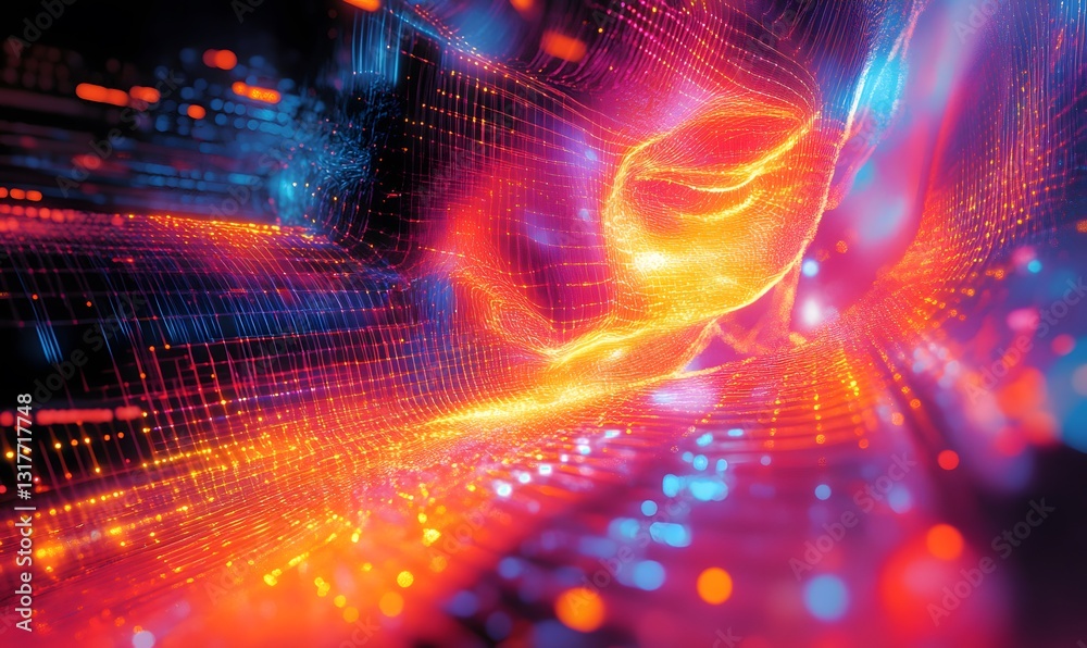 Poster abstract data stream visualization with glowing lines and particles