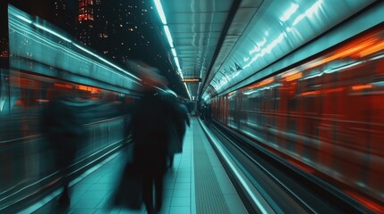 Obraz premium Motion Blur in the Subway, A Nighttime Commute