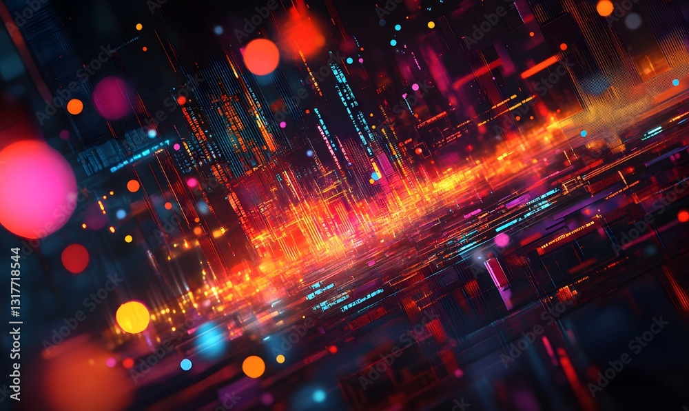 Poster vibrant abstract data flow visualization with bokeh effect and glowing lines