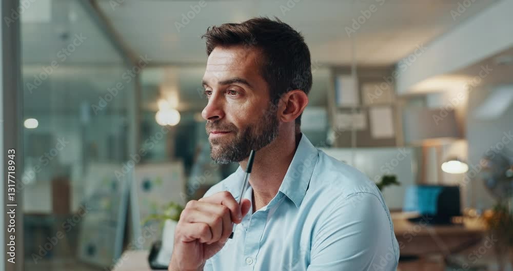Poster Thinking, future and idea with business man in office for reflection, economist and auditor. Memory, brainstorming and corporate solution with person in agency for problem solving and vision