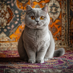 British Shorthair sitting on a Persian rug, intricate patterns and warm hues, soft ambient lighting, UHD 8K 