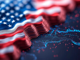 A futuristic USA flag merges with glowing data points, symbolizing technological progress. The abstract digital design highlights America's innovation-driven economy.