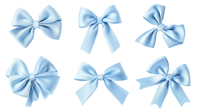 Set of eight light blue bows with different shapes and styles on a transparent background, PNG