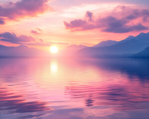 Fototapeta premium Pink and purple sunset over calm lake, mountains silhouette reflected in water, creating serene, peaceful atmosphere, ideal for relaxation or travel themes