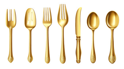 Set of realistic golden cutlery on transparent background, PNG