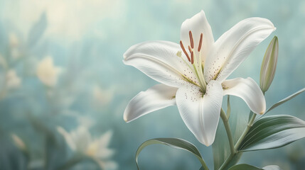 Fototapeta premium Elegant white lily in soft-focus natural background