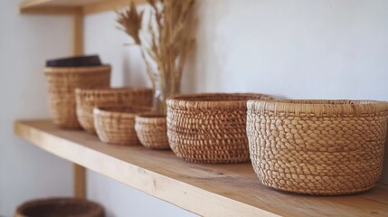 Fototapeta premium A wooden shelf with various woven baskets and a vase of dried grasses.