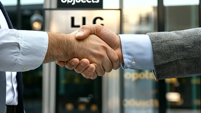 Business Partnership Handshake in Front of New LLC Storefront