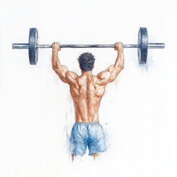 Intense Focus: Weightlifter Lifting Heavy Barbell with Straining Muscles in Watercolor Style