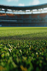 Wide-angle view of football stadium with fresh green turf, great for sport news covers and social media football content.

