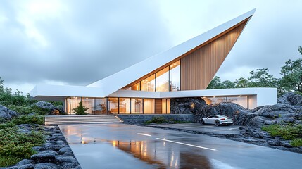Obraz premium Modern Architectural Design Luxury Contemporary Home with Car in Wet Landscape