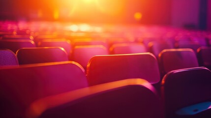 Obraz premium Vibrant empty theater seats illuminated by colorful stage lights, creating a warm ambiance