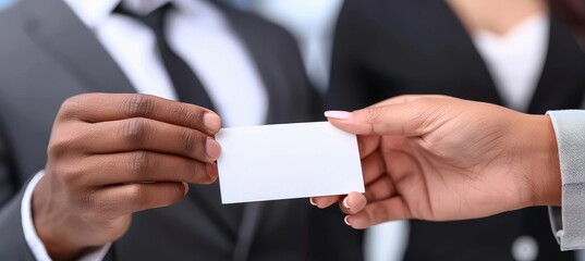 Networking professionals engaging in business card exchange at a corporate event