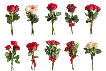 Ten bouquets of roses in various shades of red, pink, and white are arranged against a Transparent Background, PNG