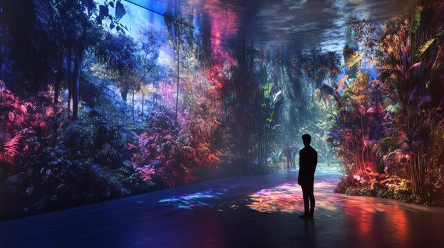 A man stands in front of a large screen displaying a jungle scene.