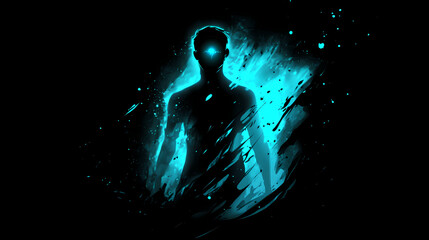 Black human silhouette with a glowing blue aura. Glowing Auras. Illustration
