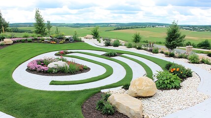 Obraz premium Serene Garden Labyrinth with Rolling Hills Landscape Design