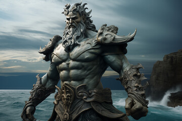 Poseidon, Greek God of the Sea and Storms, Ruler of the Oceans with His Trident, Ancient Greek Mythology, Powerful God of the Waters, Mount Olympus, and Mythological Art.