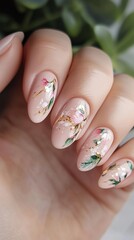 perfect almond shaped nails with abstract watercolor like pastel florals