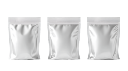 Three Silver Metallic Foil Pouches With Zipper On Transparent Background, PNG