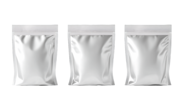 Three Silver Metallic Foil Pouches With Zipper On Transparent Background, PNG