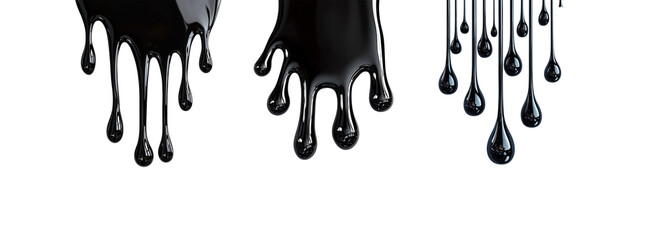 Dramatic Black Liquid Drips and Falling Water Drops in Dark Moody Atmosphere with Dynamic Light Reflection Isolated on Transparent and White Background