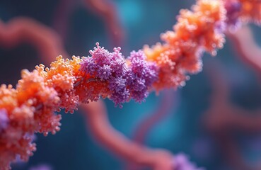 Molecular structure of interconnected proteins. Lipoproteins transfer lipids like cholesterol. Scientific rendering of biological molecule chain with transparent glow gradient effect. Model for