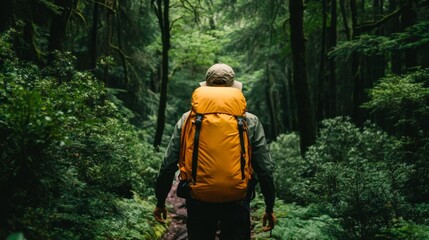 Obraz premium A backpacker hiking through dense forest on a journey to discover hidden places.