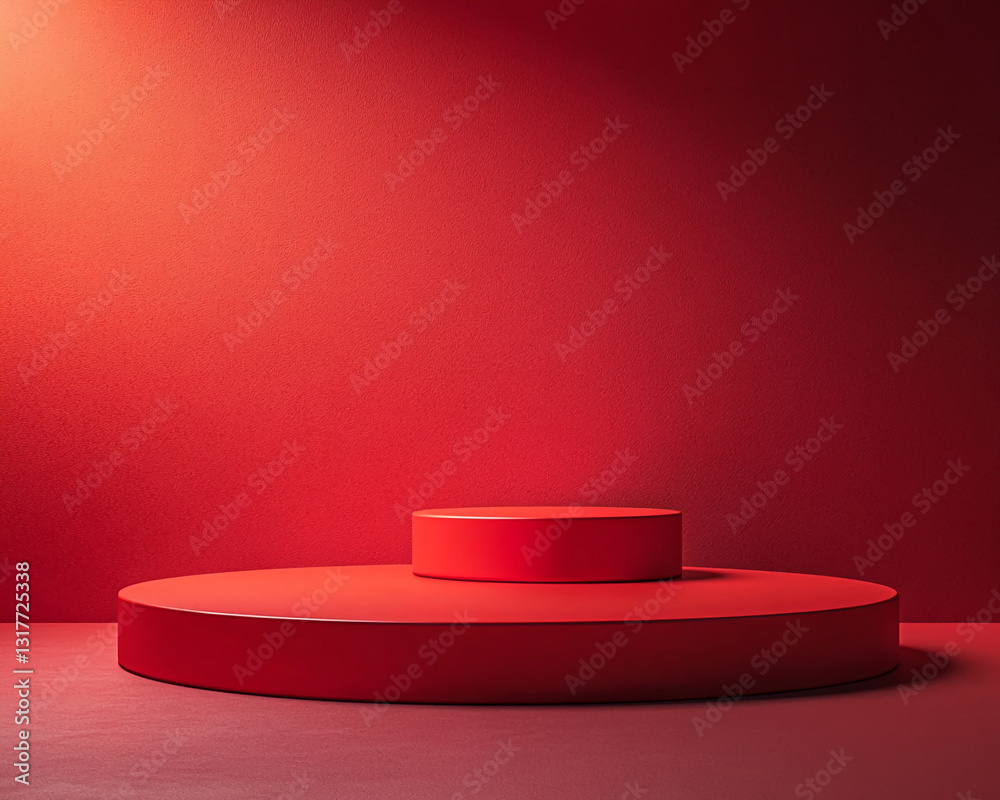 Poster red cylindrical podium on a red background, creating a minimalist product display scene suitable for