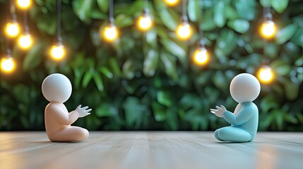 Two 3D figures meditate facing each other in a tranquil, plant-filled setting illuminated by warm string lights.