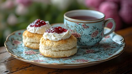 Afternoon tea scones with jam and cream, floral china cup