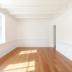 Empty white room with wooden floor and wainscoting.