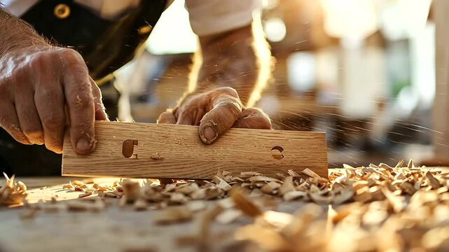 Craftsman carving an LLC plaque in a sunny workshop