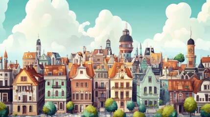 Colorful buildings and clouds adorn a bright and sunny cityscape view
