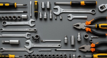 Neatly Arranged Auto Mechanic Tools on Grey Table
