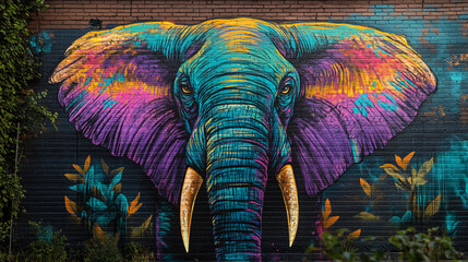 Fototapeta premium Vibrant elephant mural painted on brick wall, teal, purple, gold hues, detailed texture, symbolizes strength, wisdom, nature